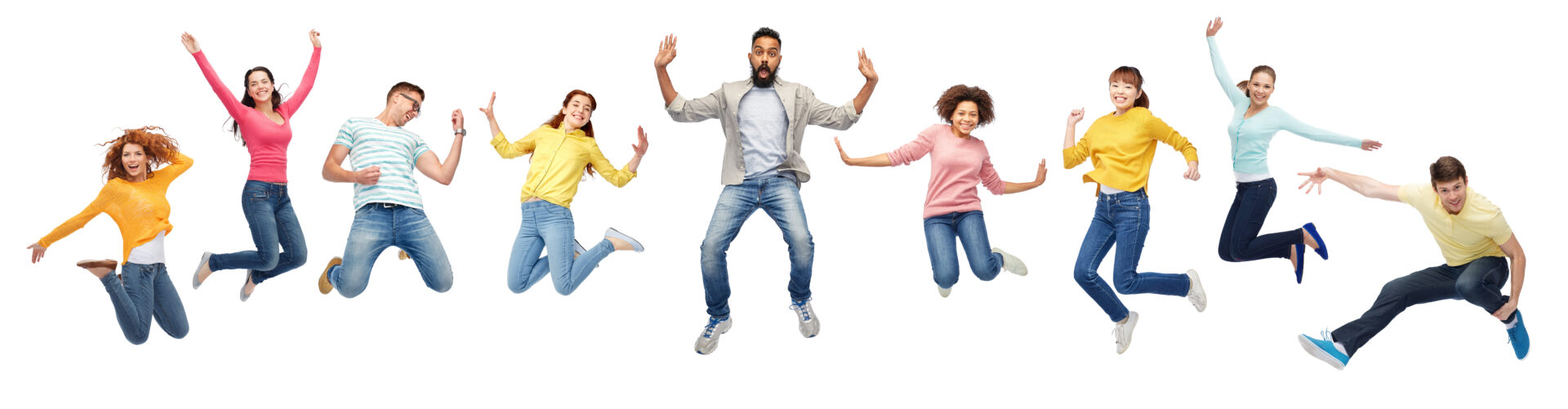 happiness, freedom, motion, diversity and people concept - international group of happy smiling men and women jumping over white background