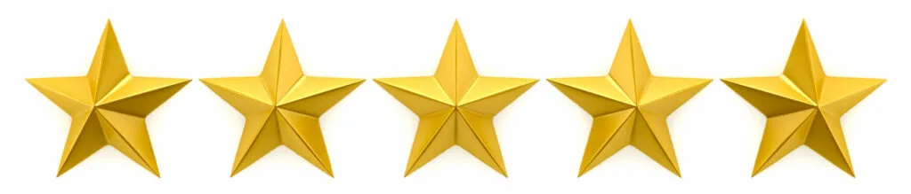Five gold stars in a row representing a five-star rating