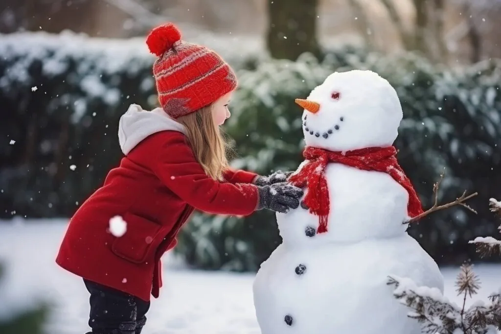 Child in red winter coat and hat touching a snowman wearing a red scarf in a snowy garden