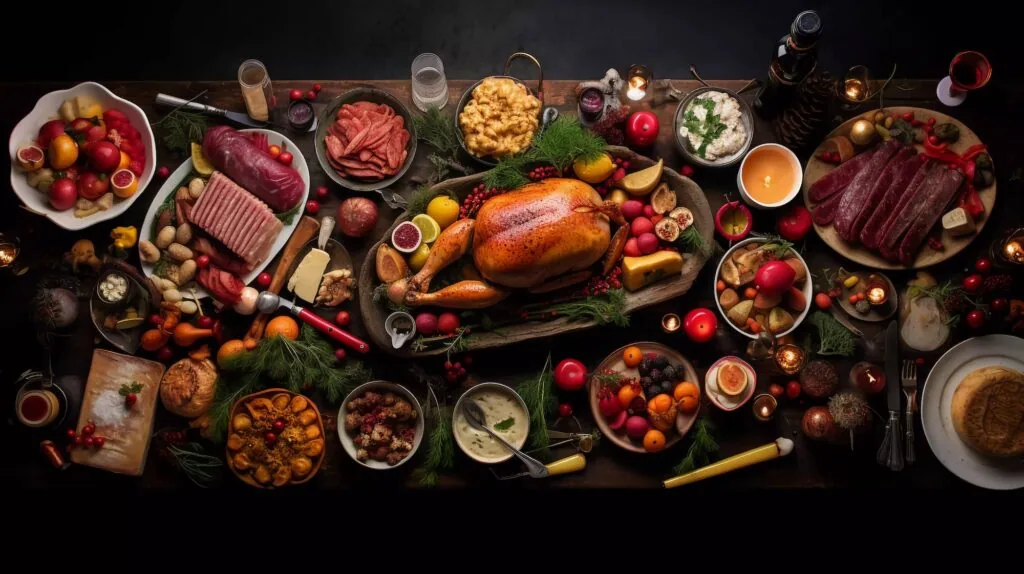 Overhead view of an elaborate charcuterie and roasted poultry spread with cured meats, fresh fruits, vegetables, cheeses, and prepared dishes on dark surface