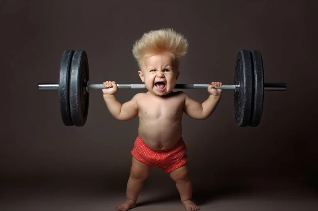 Toddler with spiky blonde hair lifting a barbell with weighted plates while wearing red shorts against brown background