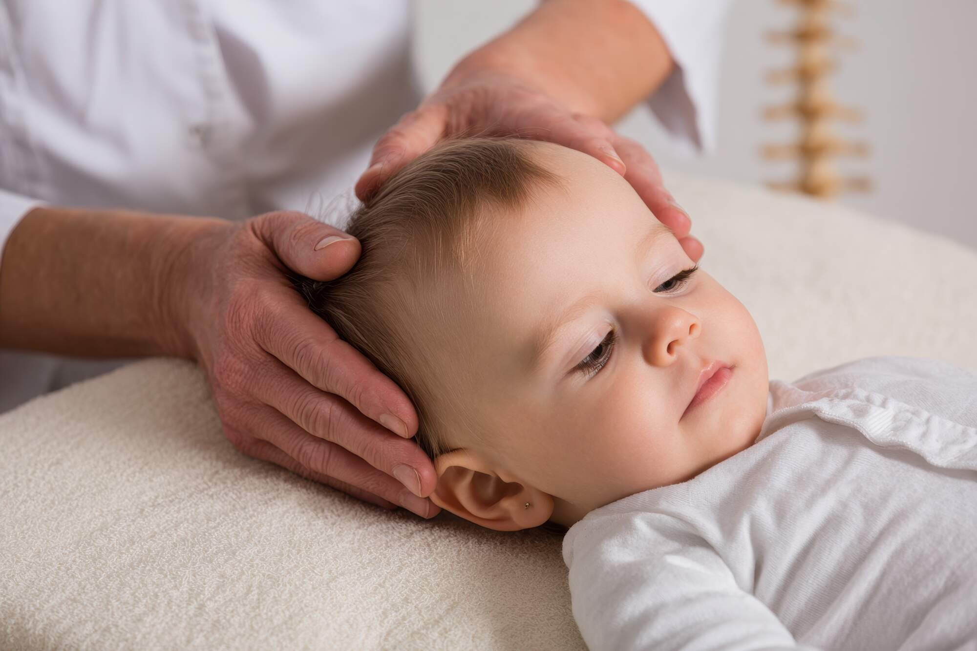 Adult hands gently cradling a sleeping infant's head during a medical examination or treatment