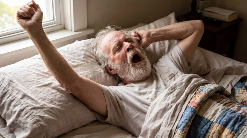 Older man waking up in bed with a yawn, one arm stretched above his head