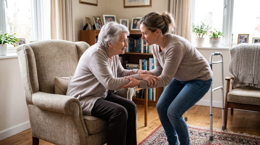 Adult daughter assisting elderly mother with balance and posture exercises in a bright living room